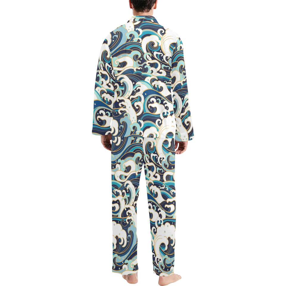 Japanese wave pattern Men's Long Pajama Set