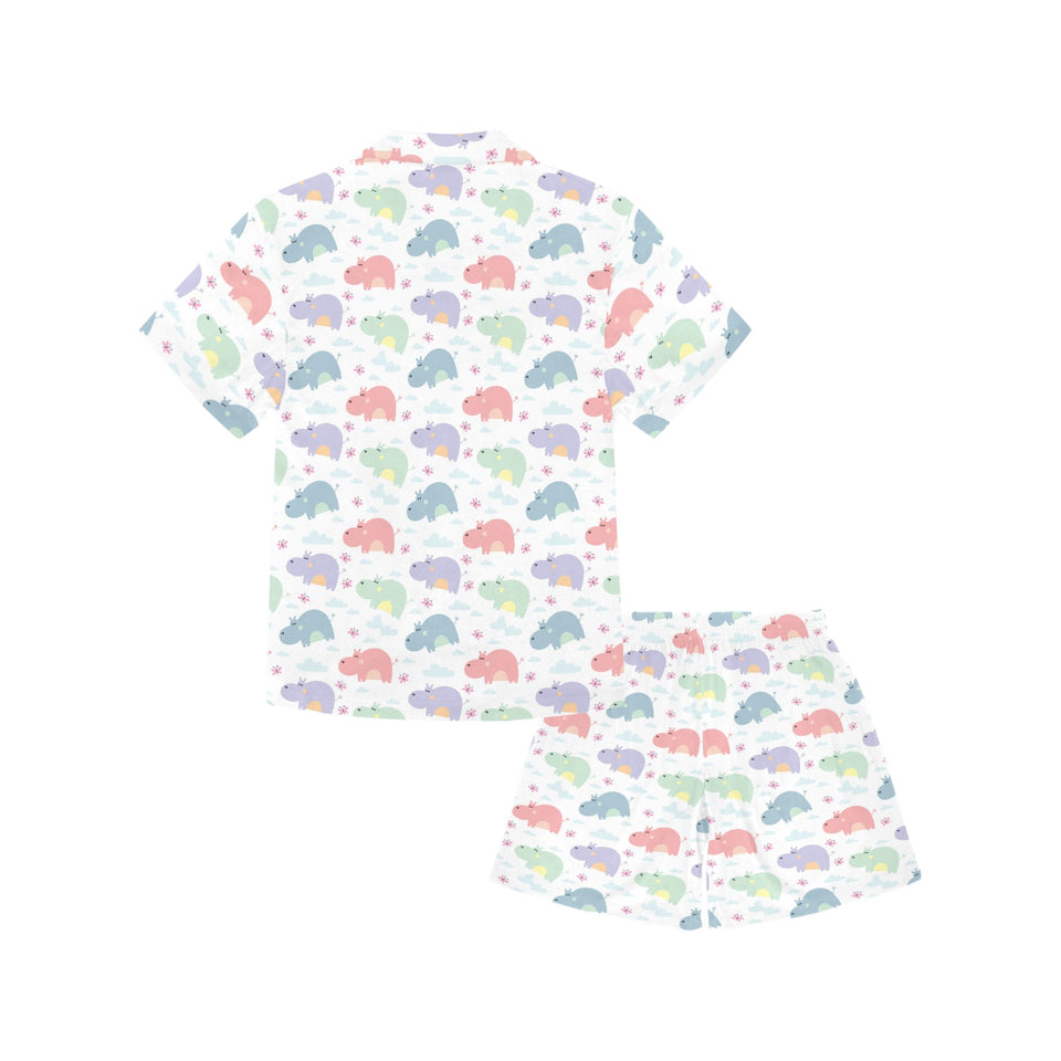 Hippopotamus Pattern Print Design 03 Kids' Boys' Girls' V-Neck Short Pajama Set