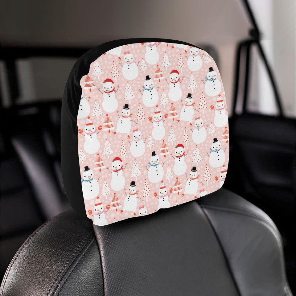 Cute snowman christmas tree snowpink background Car Headrest Cover