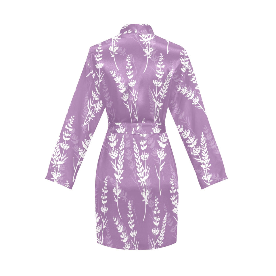 Lavender flowers purple pattern Women's Long Sleeve Belted Night Robe