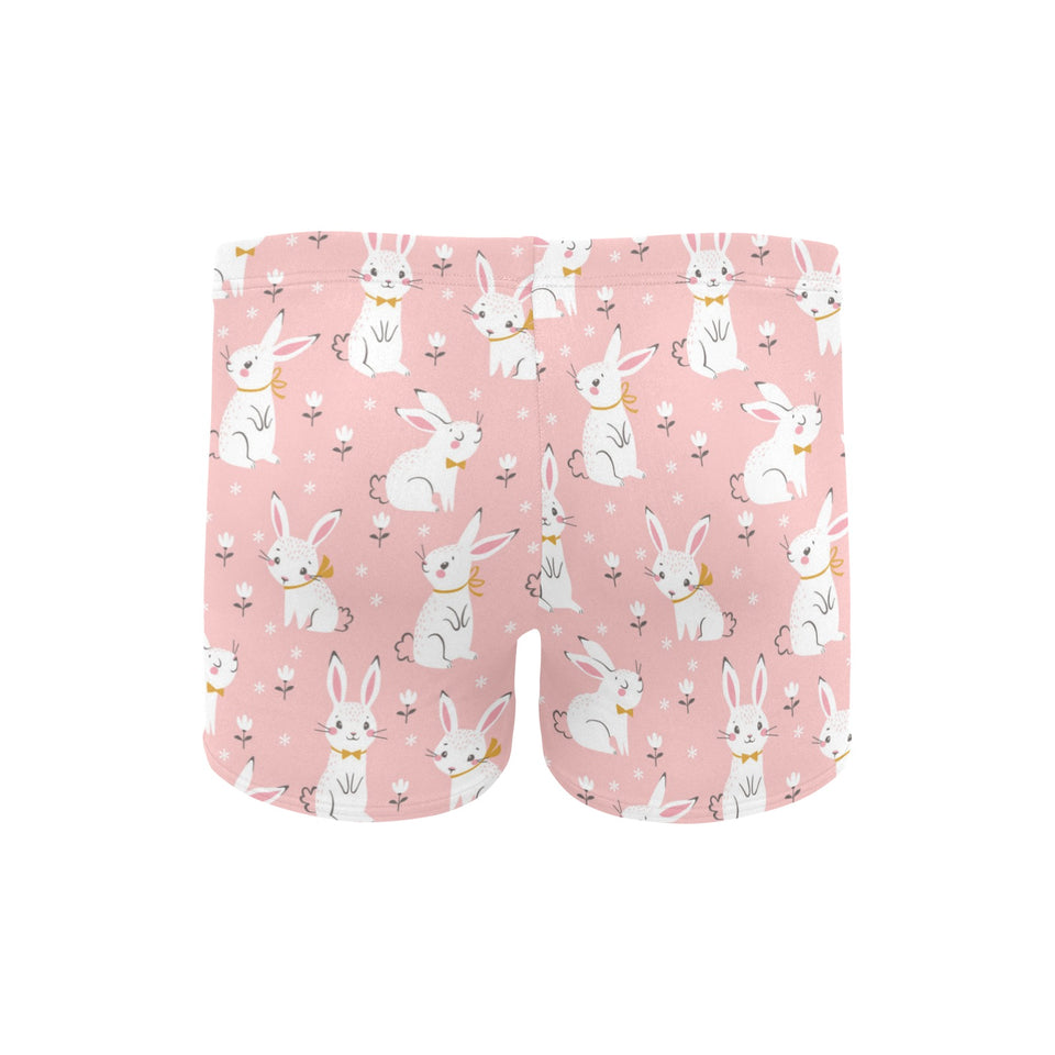Cute white rabbit flower pink background Men's Swimming Trunks