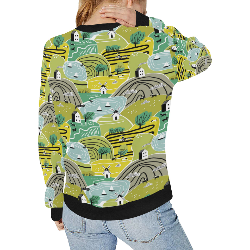 Hand drawn windmill pattern Women's Crew Neck Sweatshirt