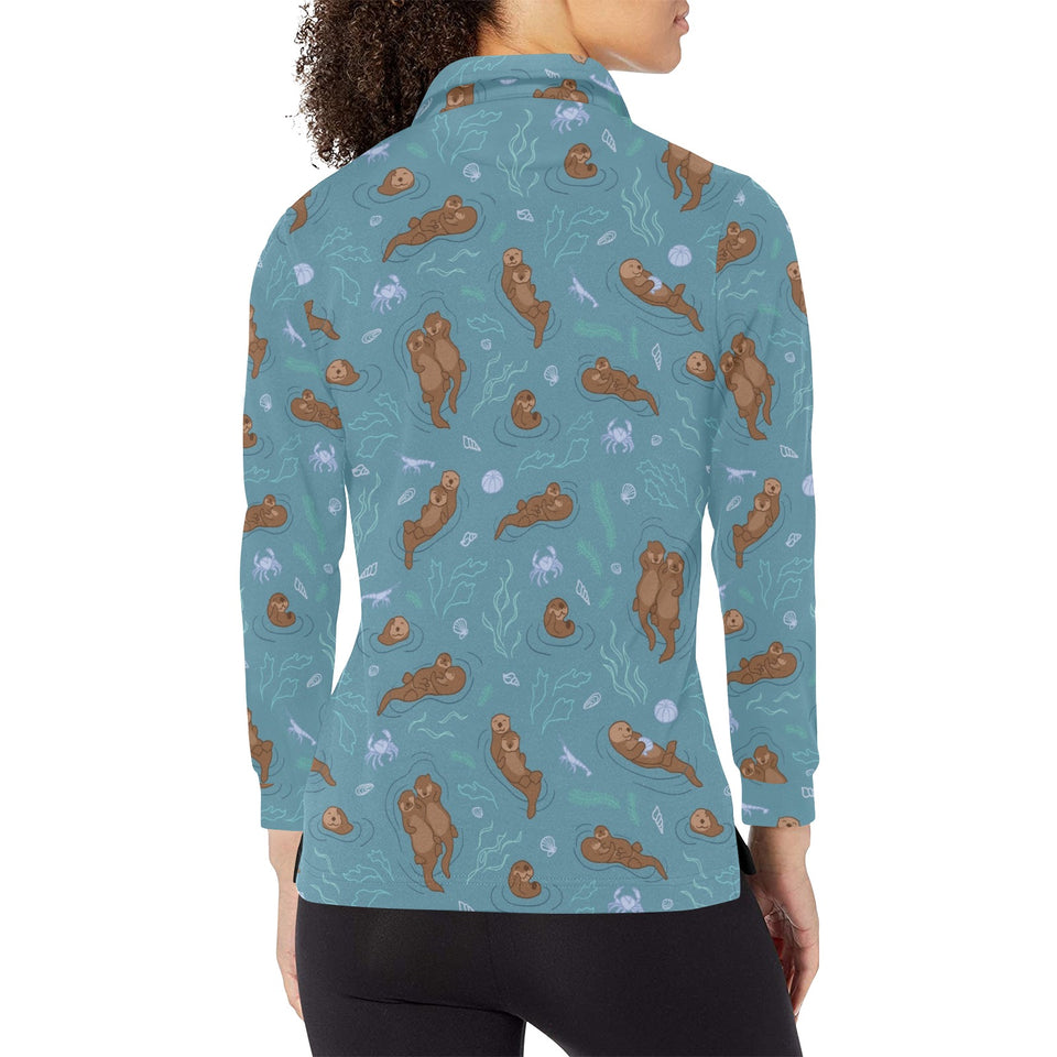 Sea otters pattern Women's Long Sleeve Polo Shirt
