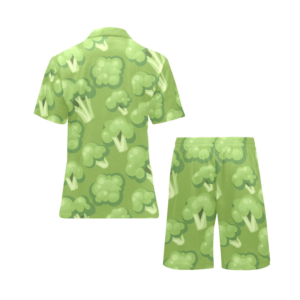 Broccoli pattern green background Men's V-Neck Short Pajama Set
