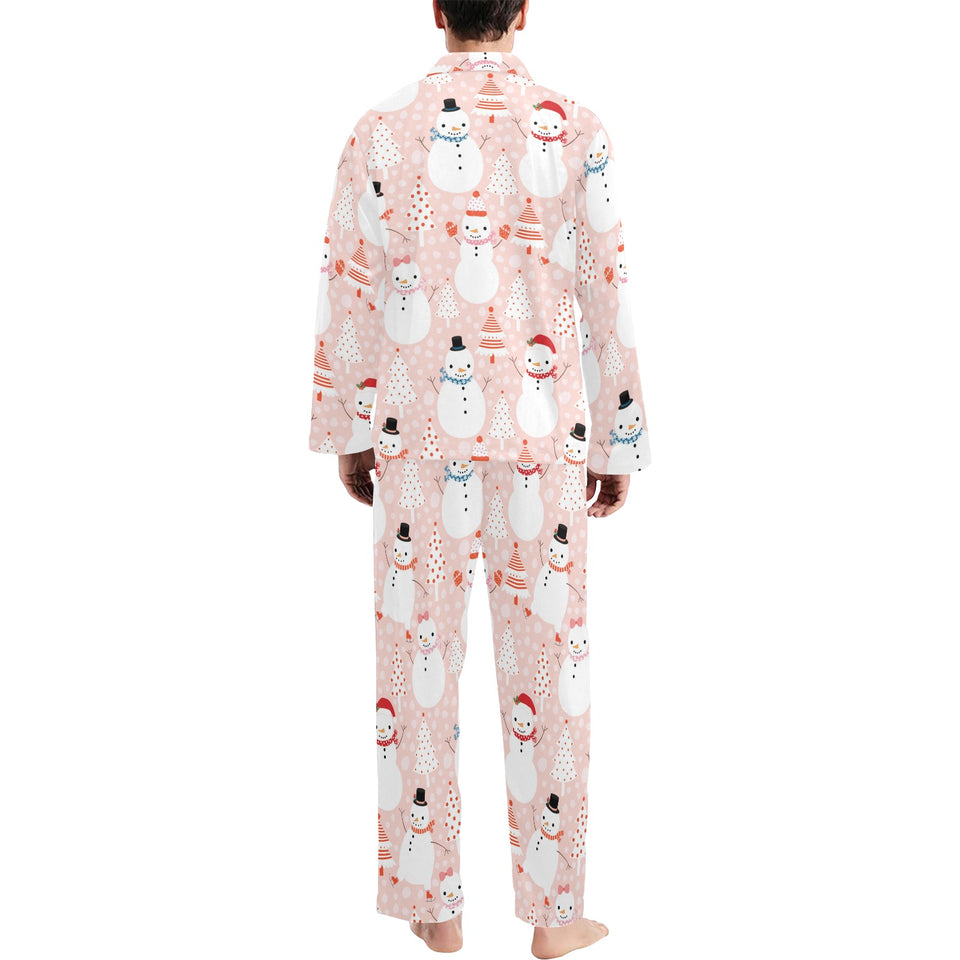 Cute snowman christmas tree snowpink background Men's Long Pajama Set