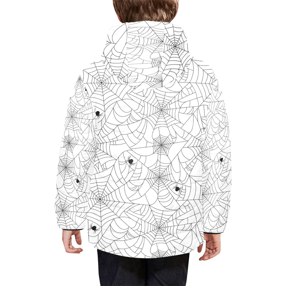 Spider web cobweb pattern white background Kids' Boys' Girls' Padded Hooded Jacket