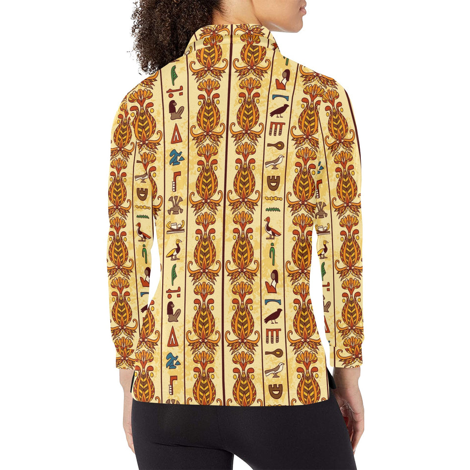 Egypt Hieroglyphics Pattern Print Design 04 Women's Long Sleeve Polo Shirt