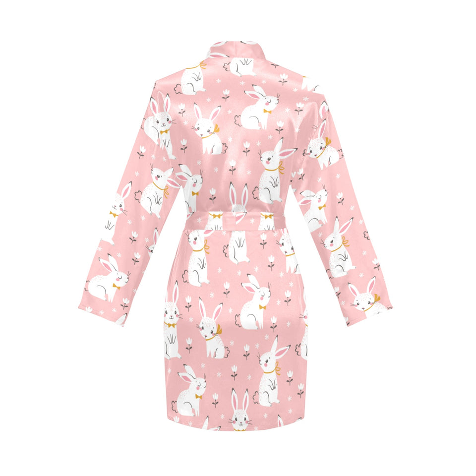 Cute white rabbit flower pink background Women's Long Sleeve Belted Night Robe
