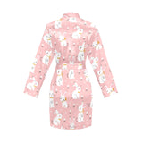 Cute white rabbit flower pink background Women's Long Sleeve Belted Night Robe