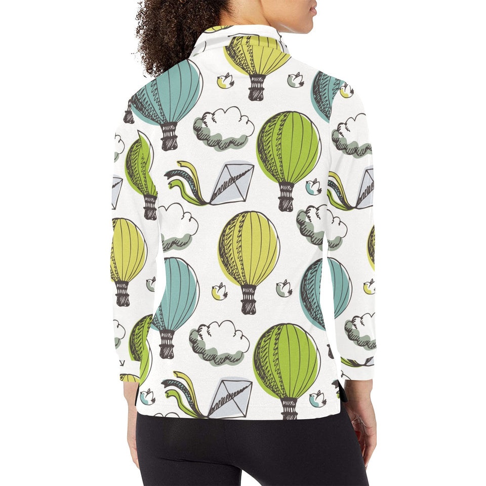 Hot Air Balloon Bird Cloud Pattern Women's Long Sleeve Polo Shirt