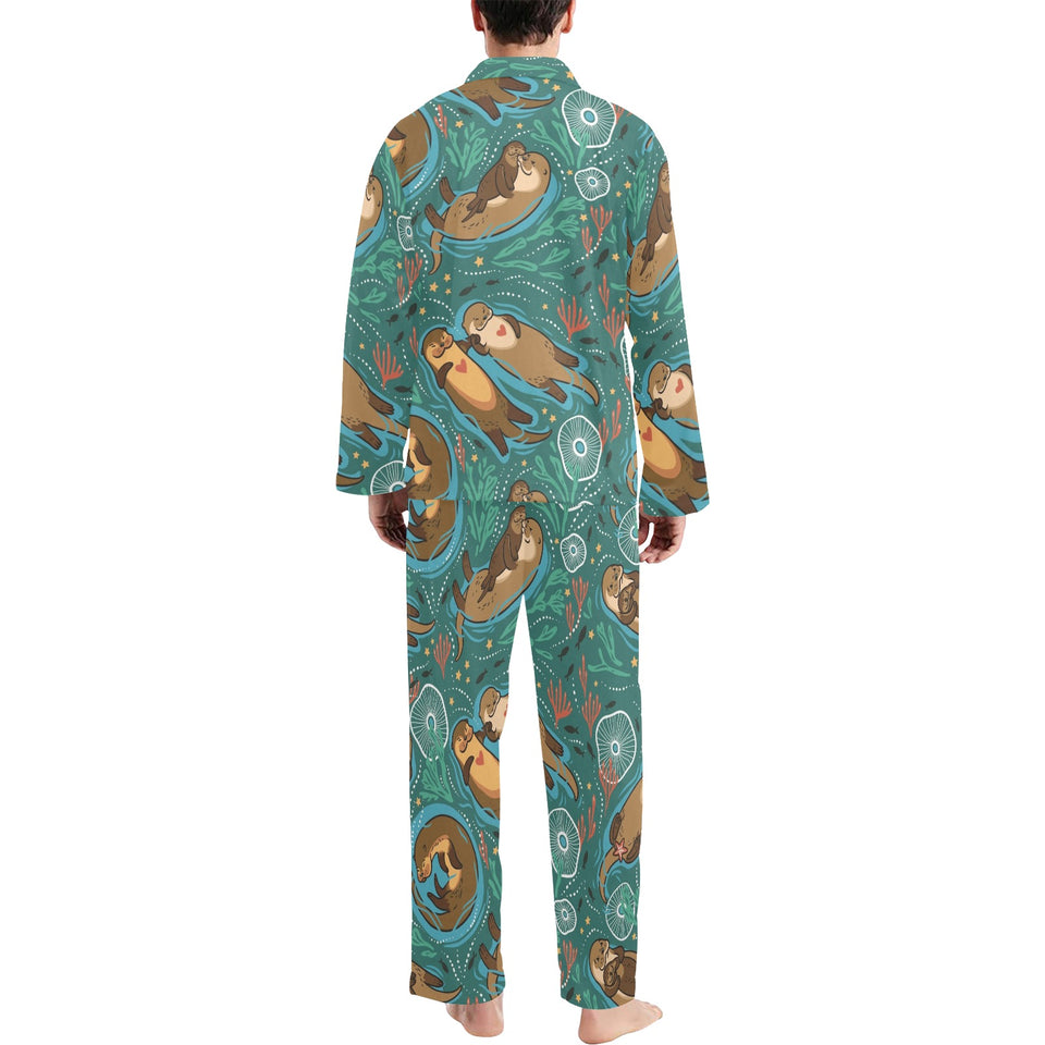 cute brown sea otters ornamental seaweed corals gr Men's Long Pajama Set