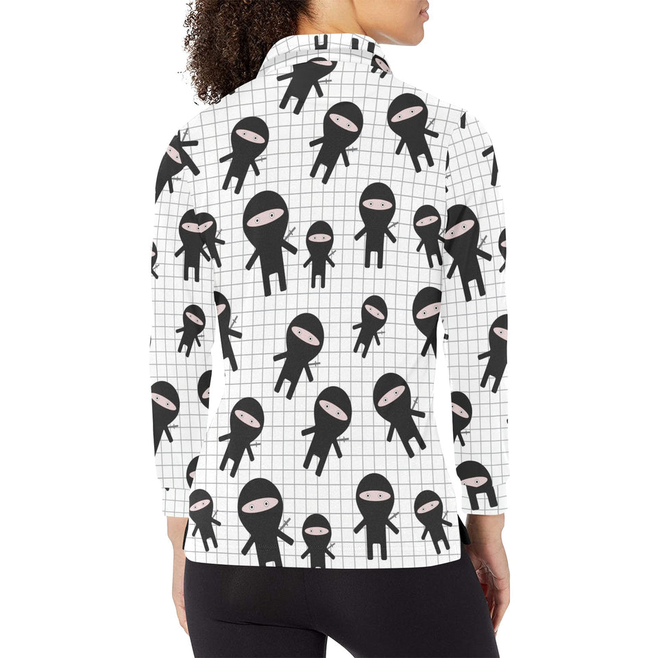 Ninja pattern plaid background Women's Long Sleeve Polo Shirt