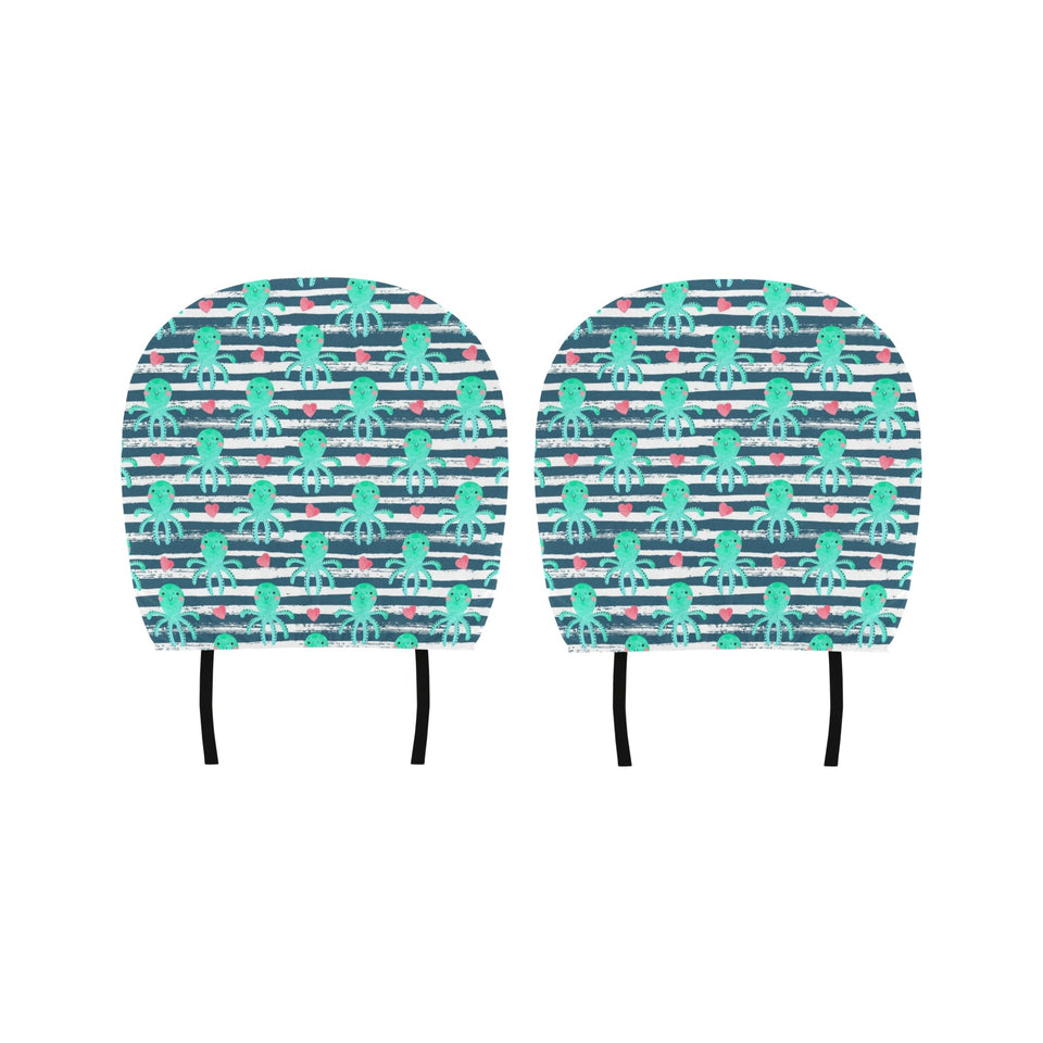 Cute octopuses heart striped background Car Headrest Cover