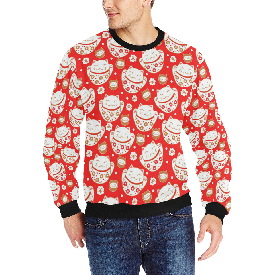 Cute Maneki neko cat red background Men's Crew Neck Sweatshirt