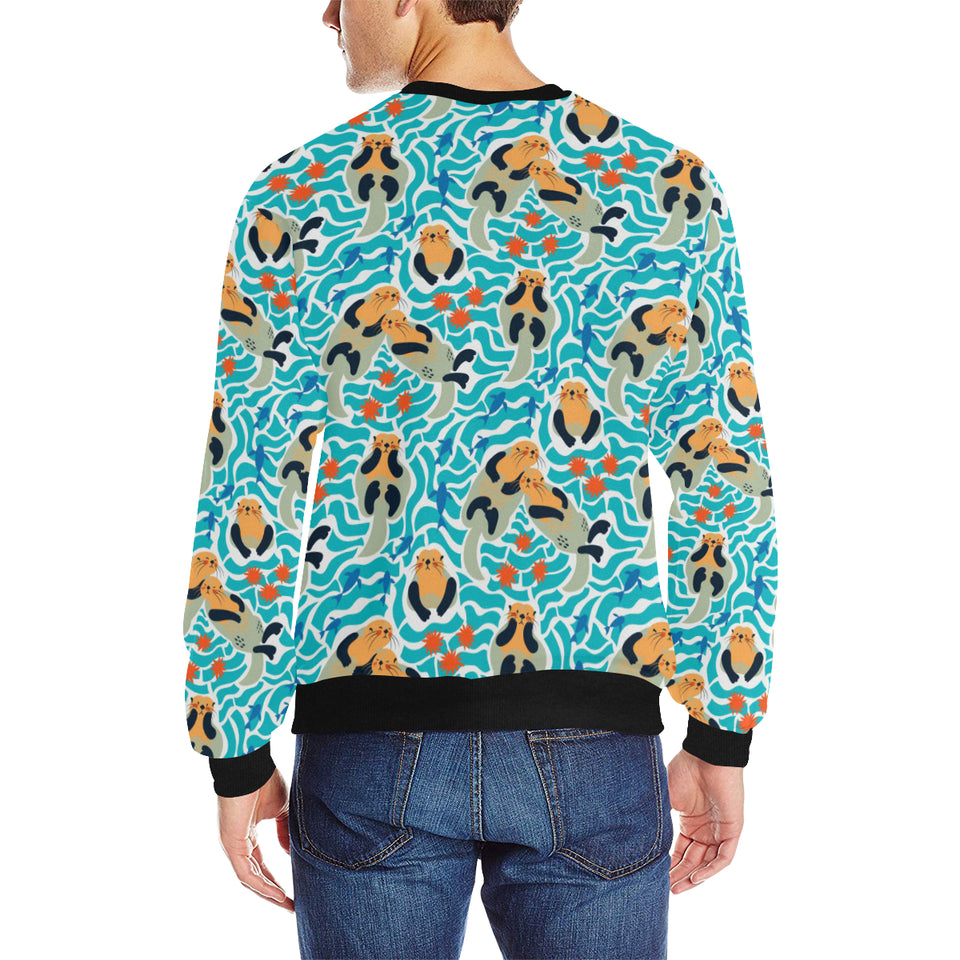Cute sea otters fishe sea urchin pattern Men's Crew Neck Sweatshirt
