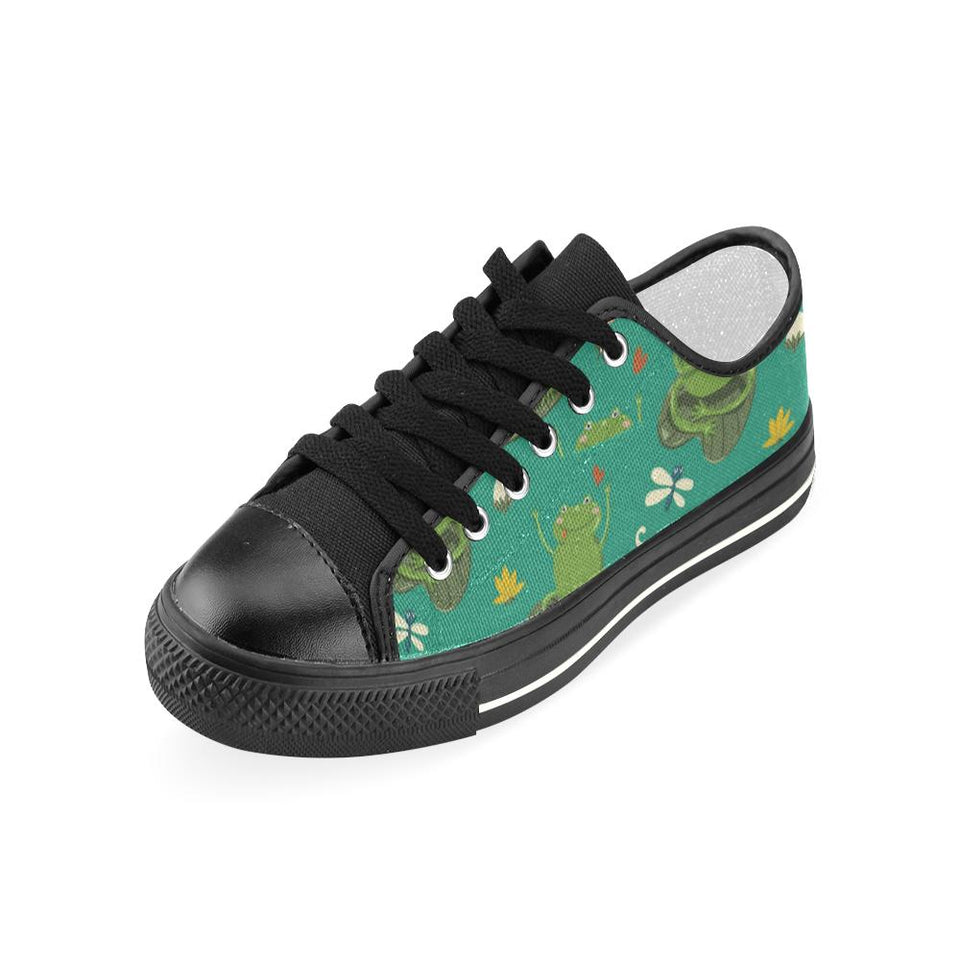 Cute frog dragonfly design pattern Kids' Boys' Girls' Low Top Canvas Shoes Black