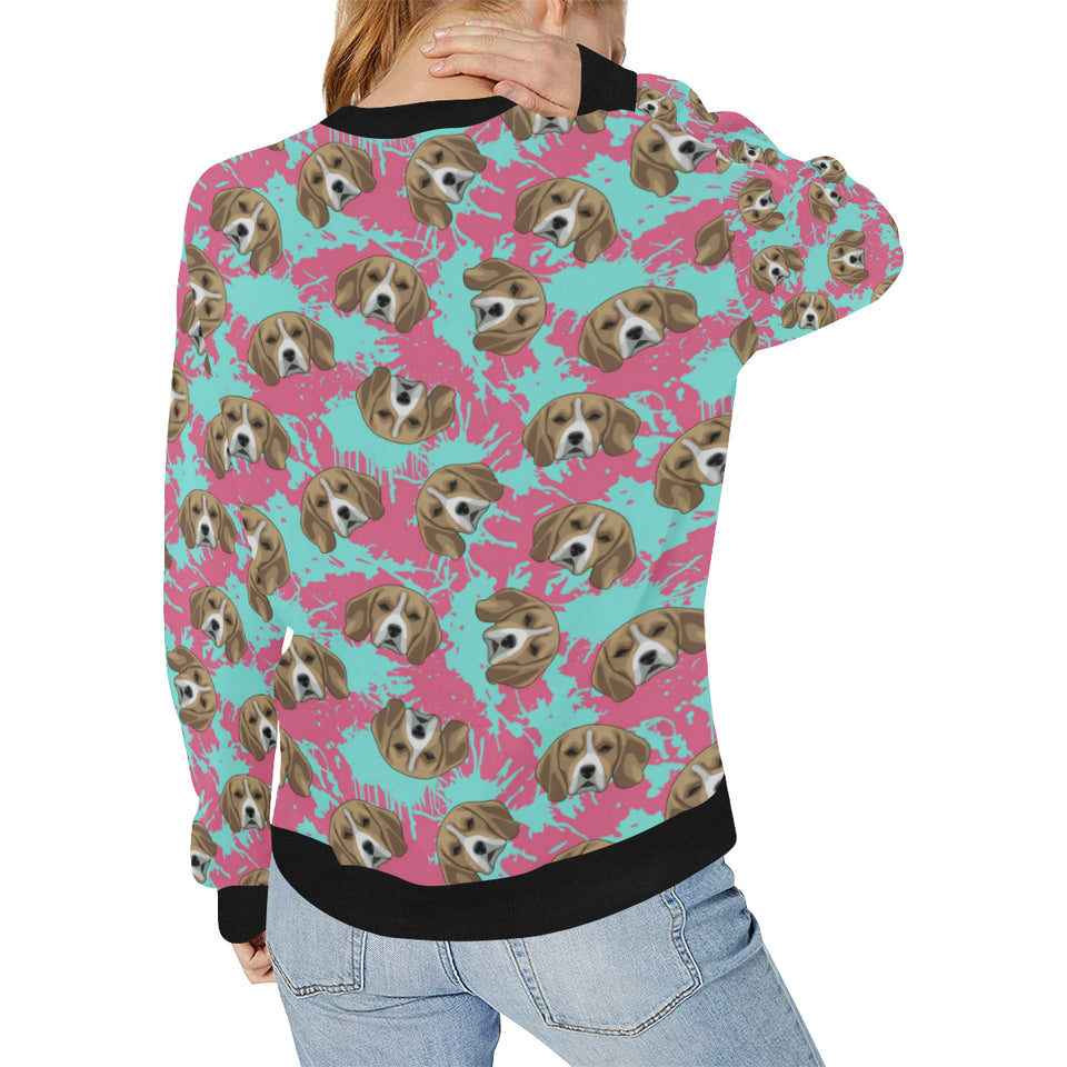 Beagle muzzles turquoise paint splashes pink patte Women's Crew Neck Sweatshirt