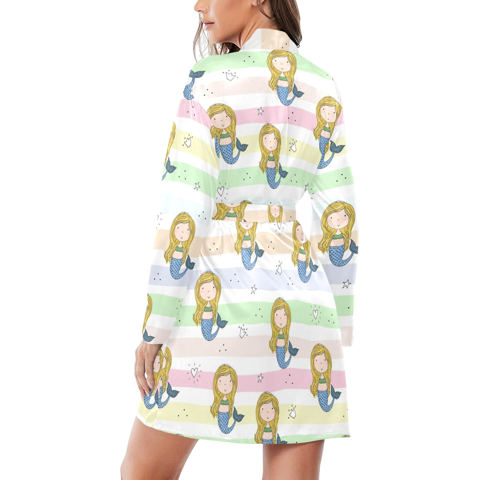 Cute hand drawn mermaid Women's Long Sleeve Belted Night Robe