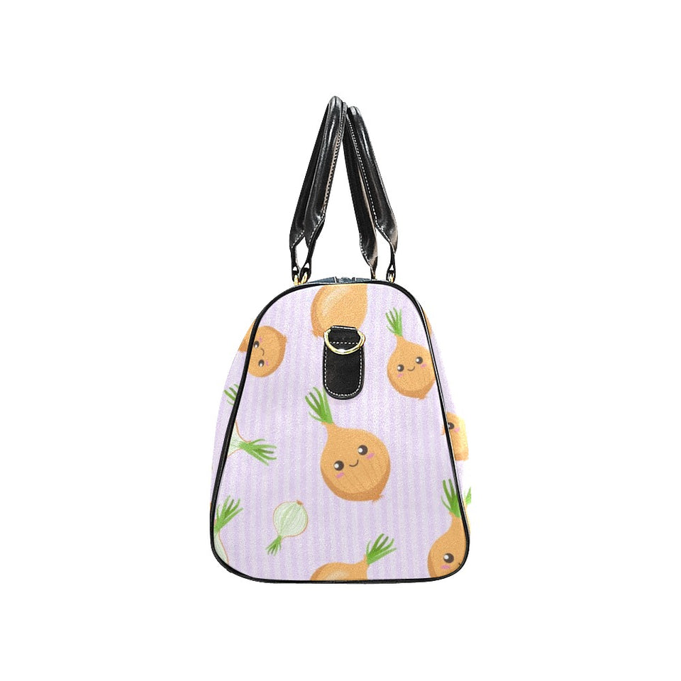 cute onions smiling faces purple background Travel Bag