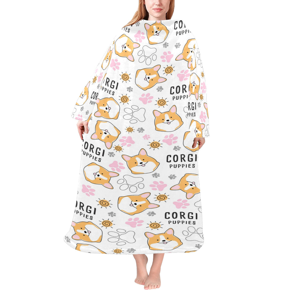 Corgi Dog Pattern Blanket Robe with Sleeves