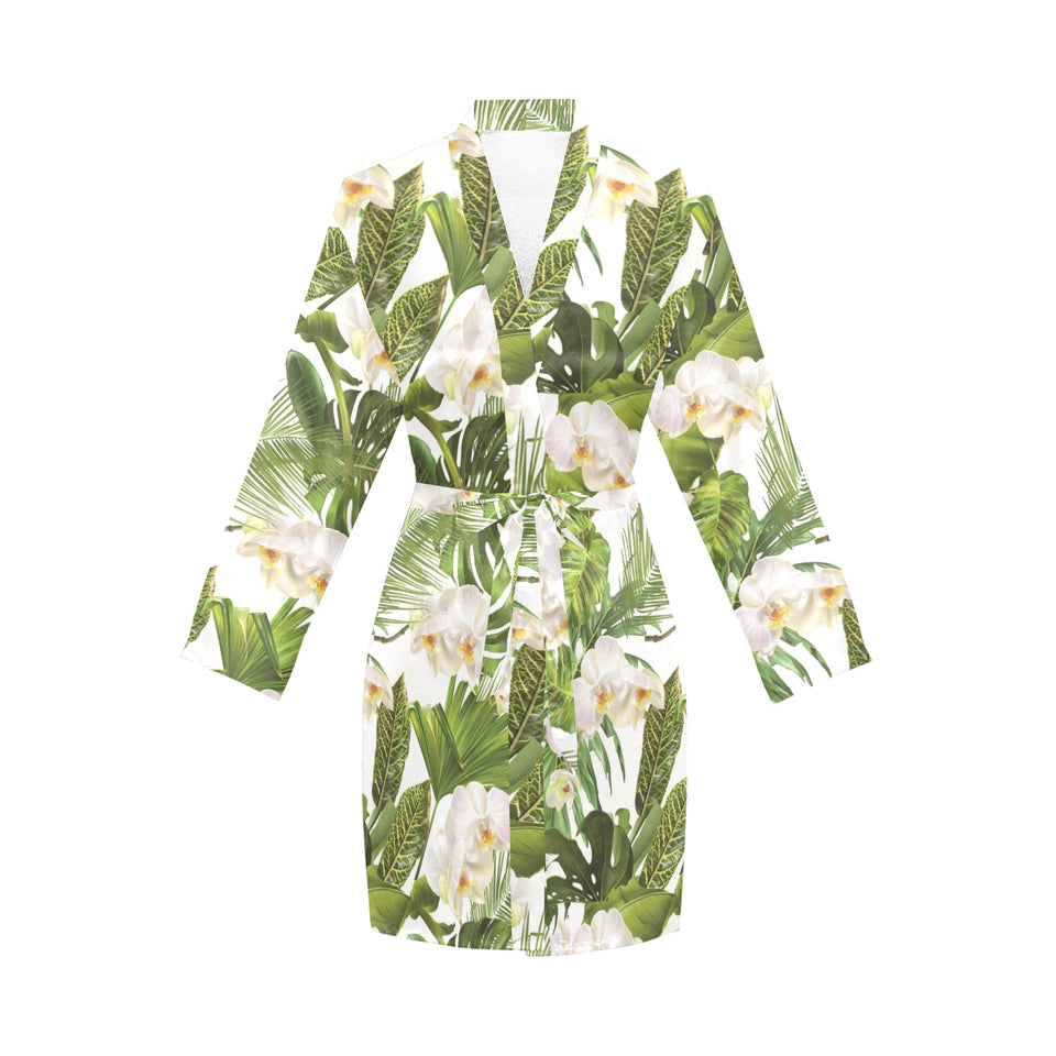 White orchid flower tropical leaves pattern Women's Long Sleeve Belted Night Robe