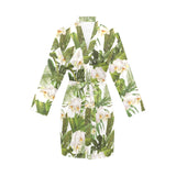 White orchid flower tropical leaves pattern Women's Long Sleeve Belted Night Robe