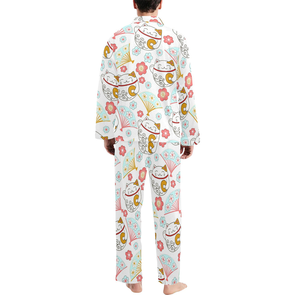 Maneki neko cat fan sakura Men's Long Pajama Set