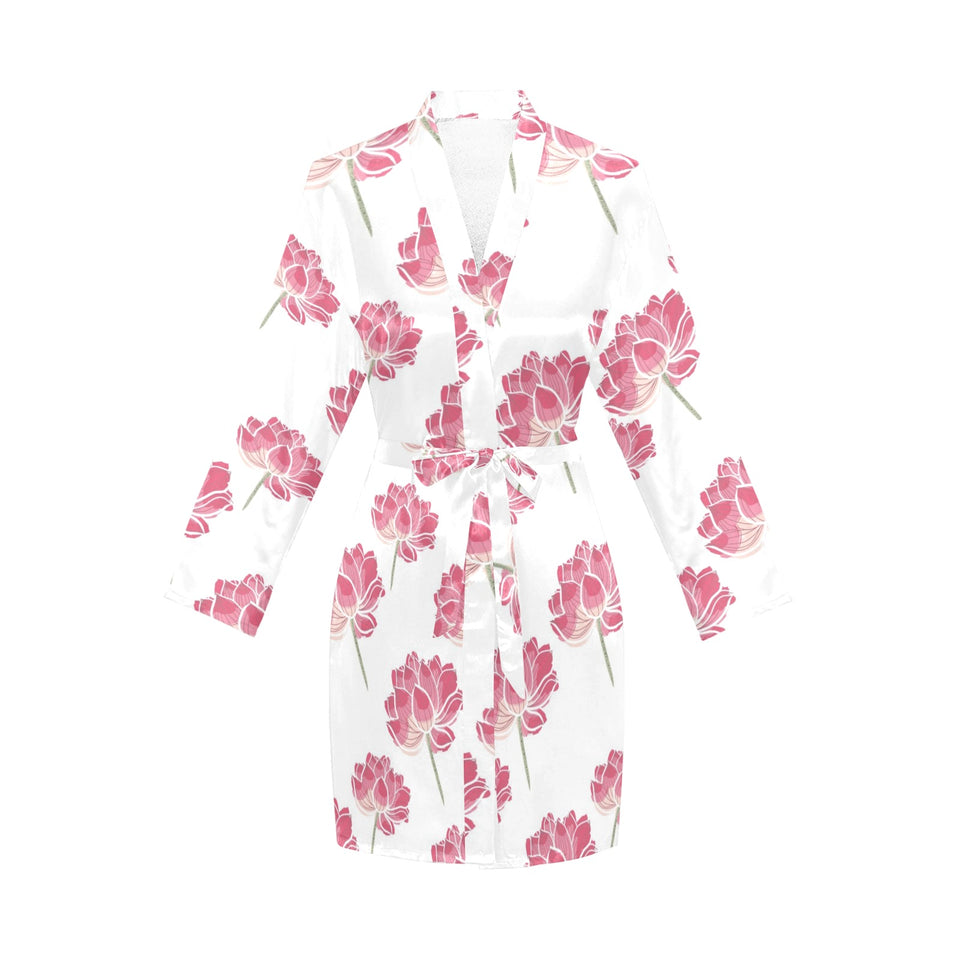 Pink lotus waterlily pattern Women's Long Sleeve Belted Night Robe