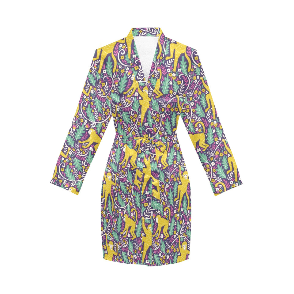 Cute yellow monkey leaves pattern Women's Long Sleeve Belted Night Robe