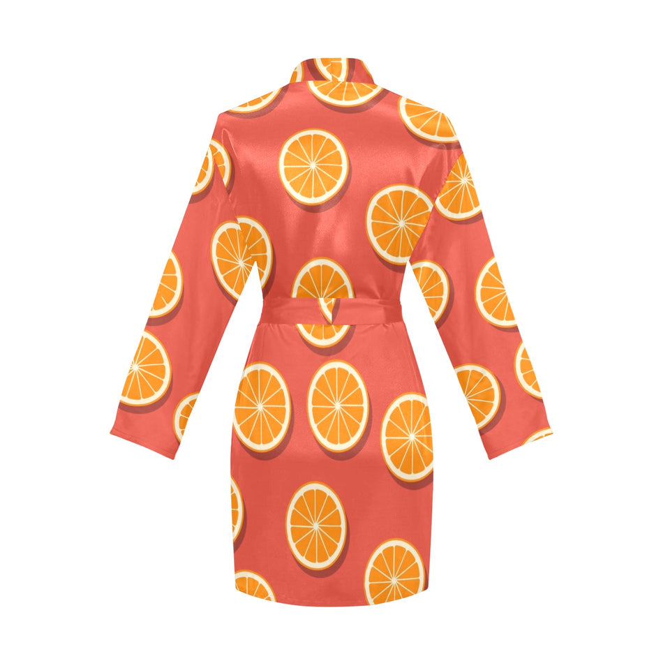 Oranges pattern red background Women's Long Sleeve Belted Night Robe