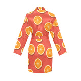 Oranges pattern red background Women's Long Sleeve Belted Night Robe