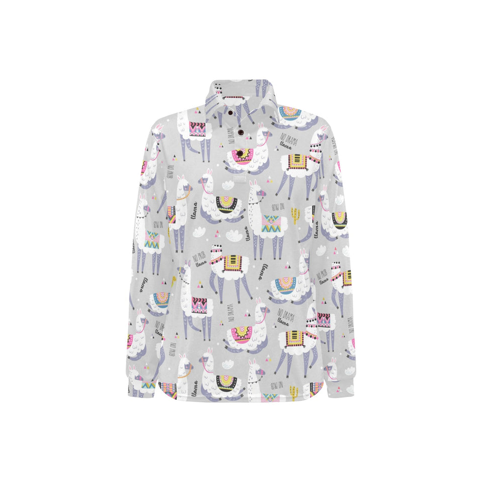 Cute Llama Alpaca pattern Women's Long Sleeve Polo Shirt