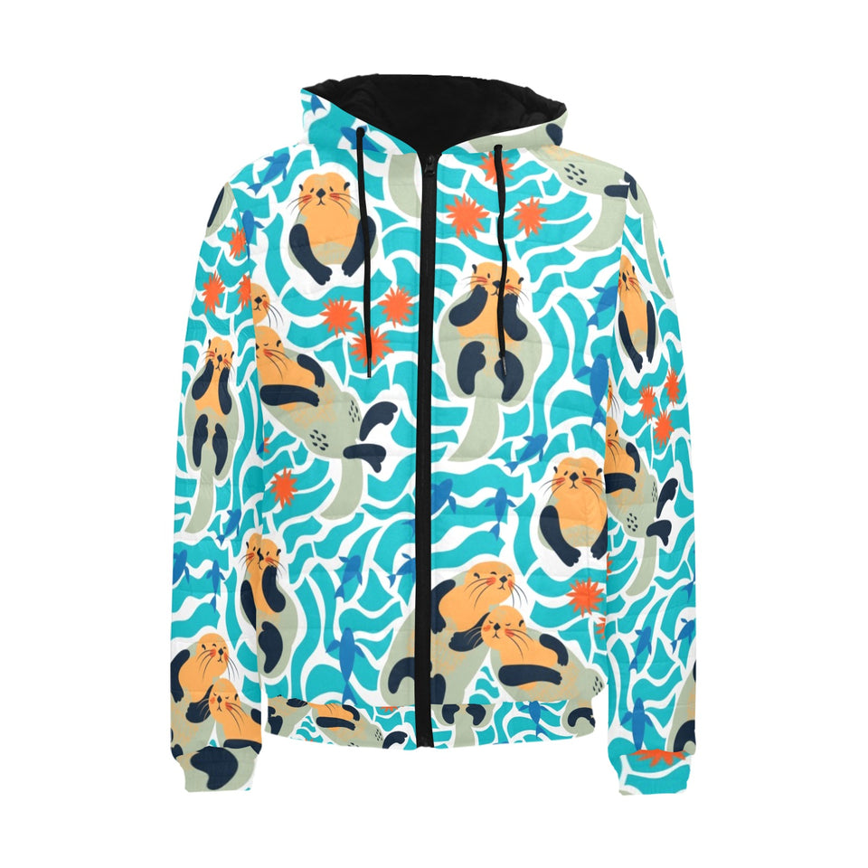 Cute sea otters fishe sea urchin pattern Men's Padded Hooded Jacket