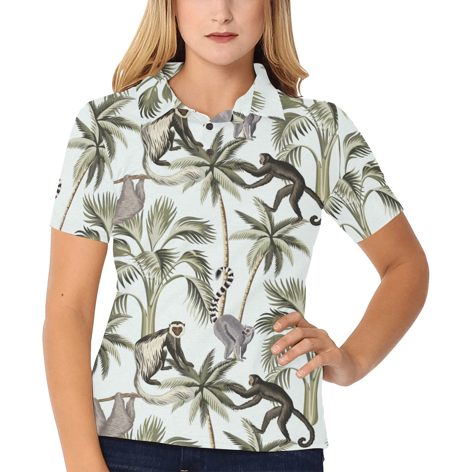 Monkey sloth lemur palm trees pattern Women's All Over Print Polo Shirt