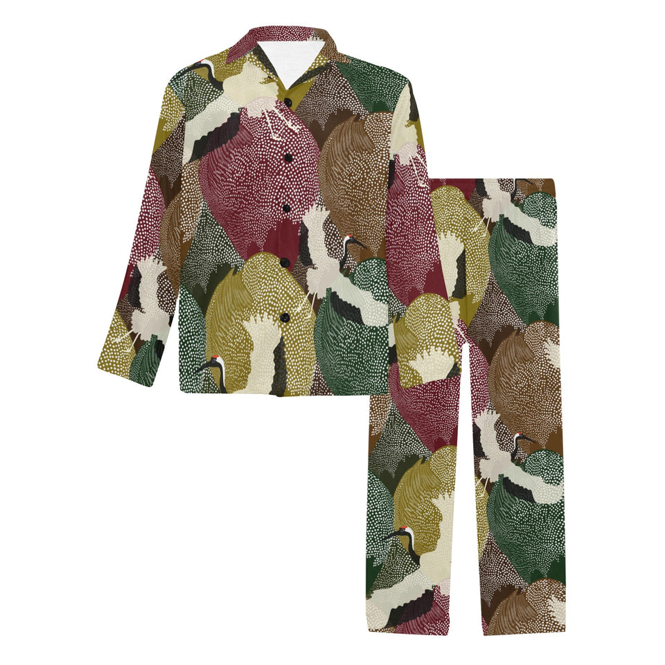 Japanese cranes flying forest dot pattern Men's Long Pajama Set
