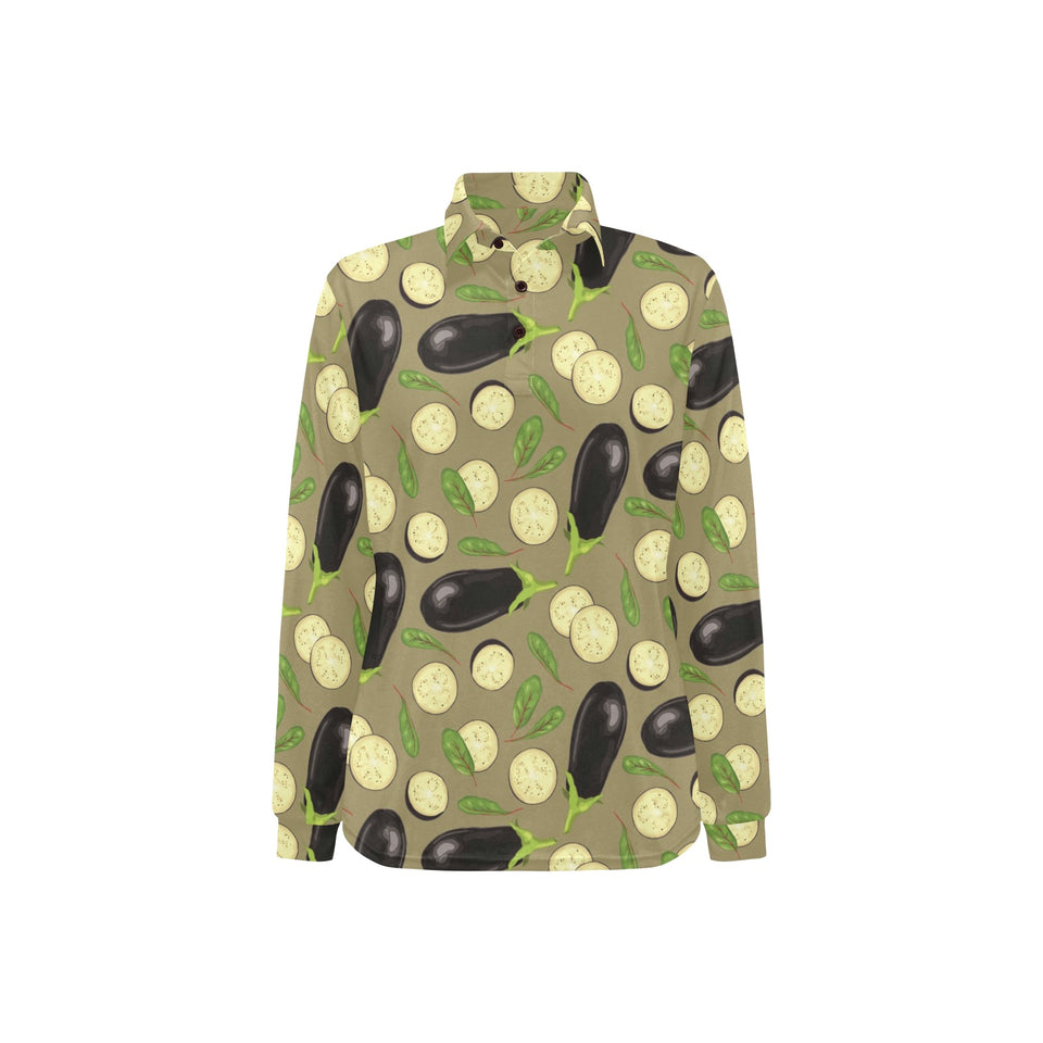 Eggplant Pattern Print Design 02 Women's Long Sleeve Polo Shirt