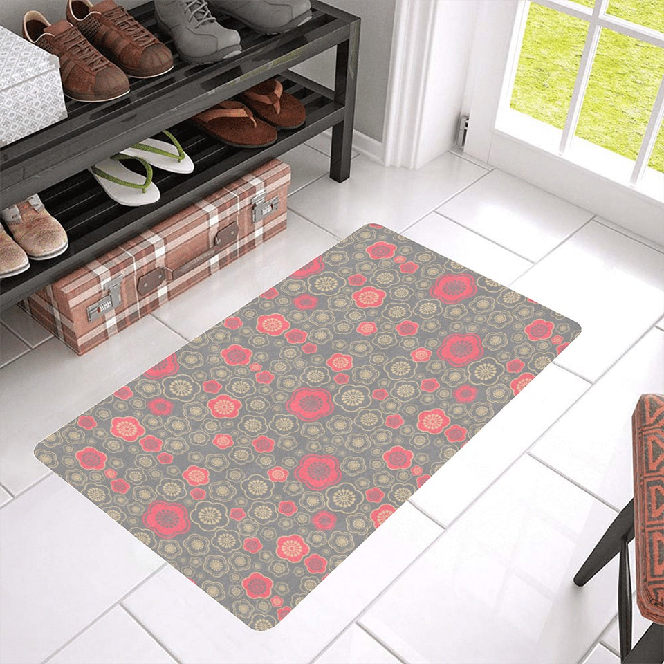 Red gold Sakura cherry blossom gray background Doormat