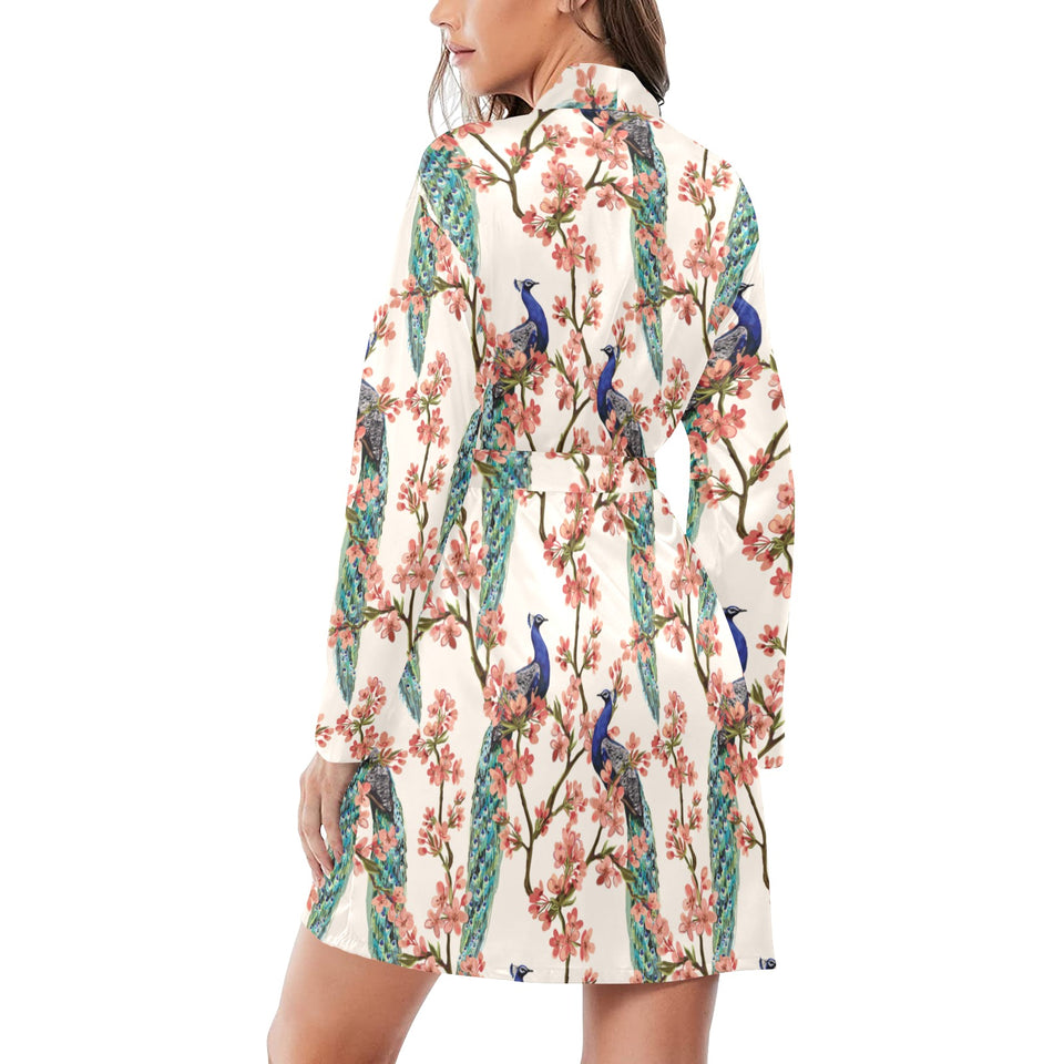 Peacock tropical flower pattern Women's Long Sleeve Belted Night Robe
