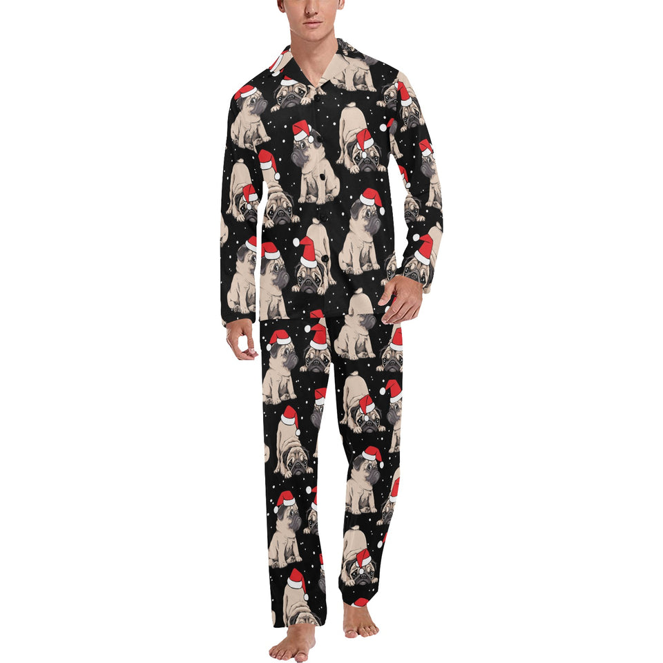 Christmas Pugs Santa_s red cap pattern Men's Long Pajama Set