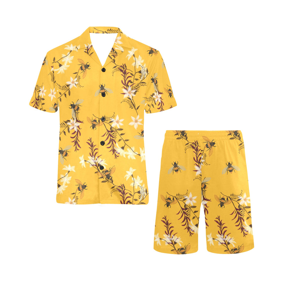 Bee flower pattern Men's V-Neck Short Pajama Set