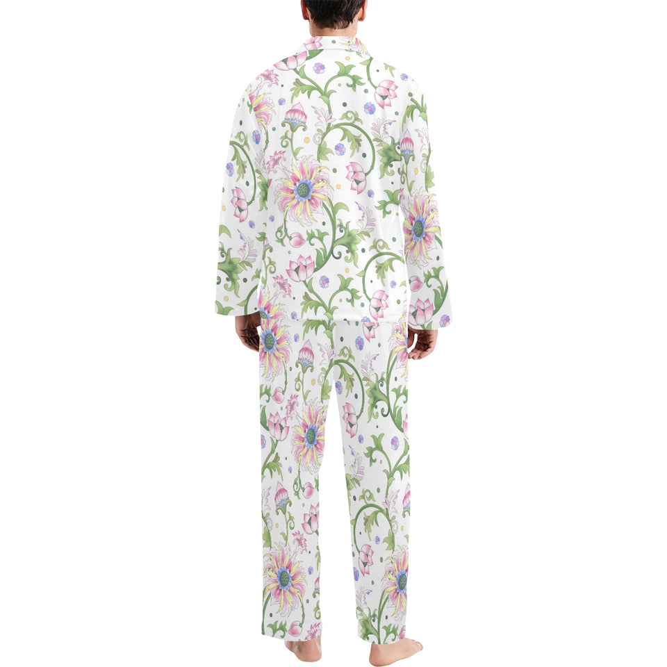 Beautiful pink lotus waterlily leaves pattern Men's Long Pajama Set