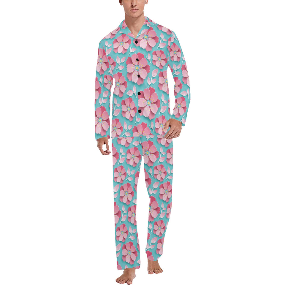 3D sakura cherry blossom pattern Men's Long Pajama Set