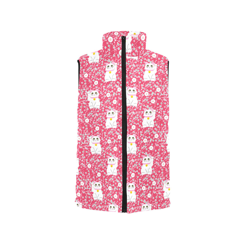 Maneki neko cat sakura pink background Men's Padded Vest