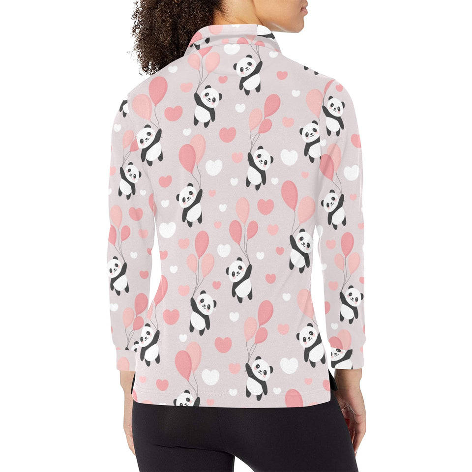 Cute panda ballon heart pattern Women's Long Sleeve Polo Shirt