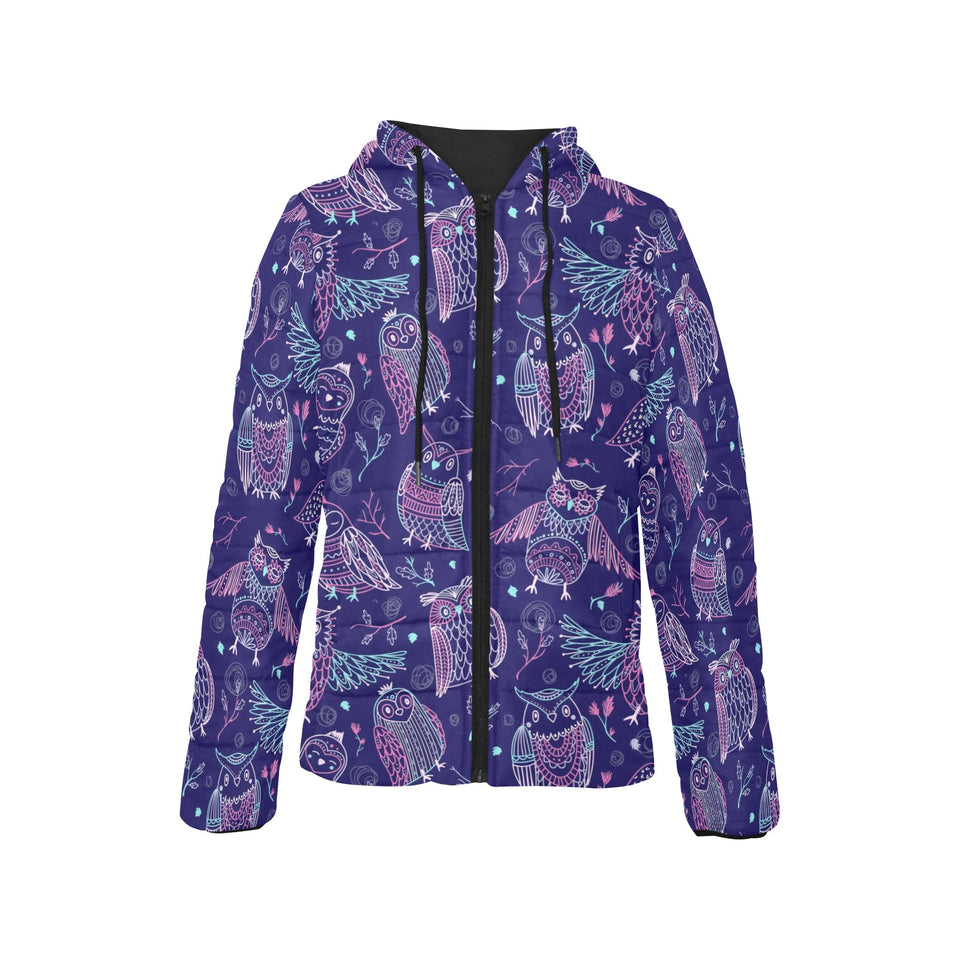 Cute owls pattern boho style ornament Women's Padded Hooded Jacket