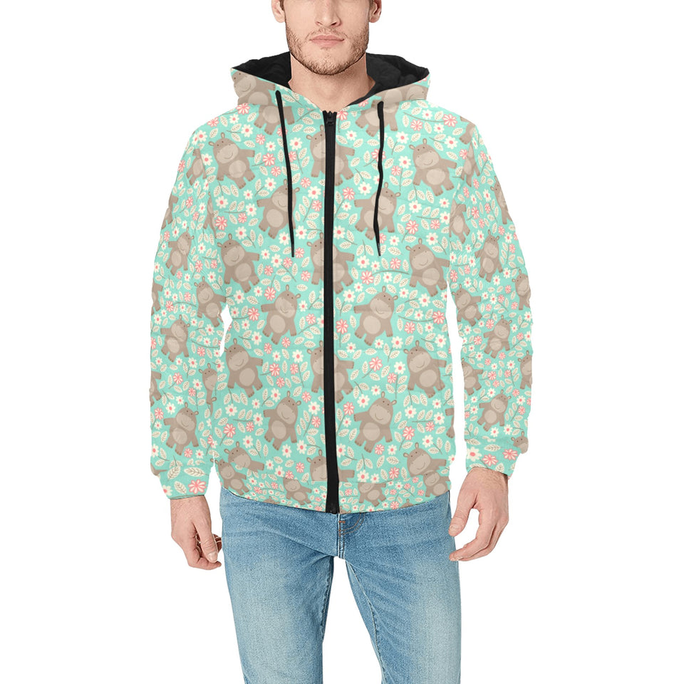 Hippopotamus Pattern Print Design 02 Men's Padded Hooded Jacket