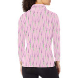 Lavender pattern pink background Women's Long Sleeve Polo Shirt