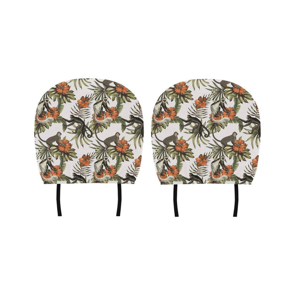 Monkey red hibiscus flower palm leaves floral patt Car Headrest Cover