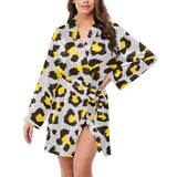 Gray Leopard print pattern Women's Long Sleeve Belted Night Robe