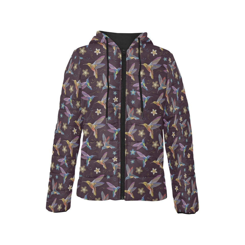 Hummingbird Pattern Print Design 04 Women's Padded Hooded Jacket